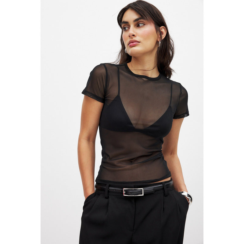Blusa de tule Liso Preto Básica Manga Curta Verão De Tule