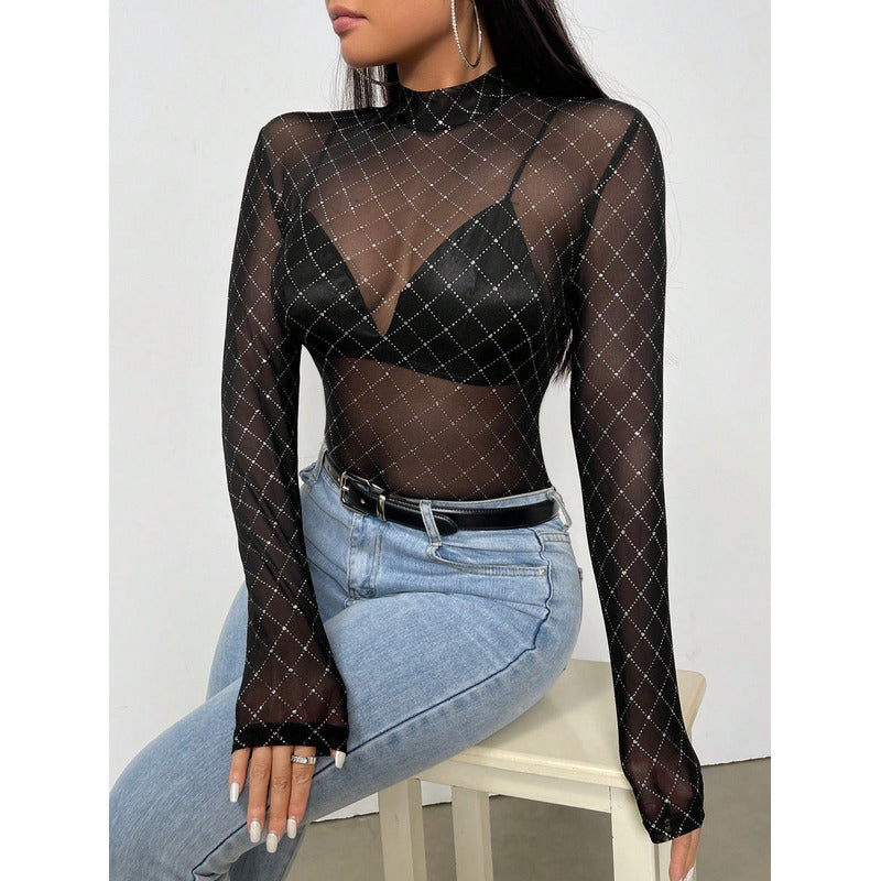 Body Tule Transparente com Strass/Pedraria Xadrez – Feminino, Manga Longa, Segunda Pele – Tamanho Único (veste P ao G) – Preto