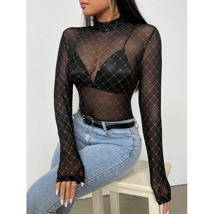 Body Tule Transparente com Strass/Pedraria Xadrez – Feminino, Manga Longa, Segunda Pele – Tamanho Único (veste P ao G) – Preto