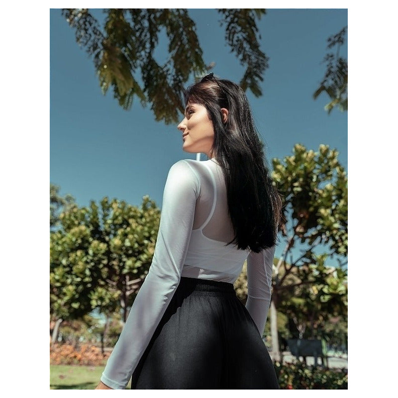 Body Feminino Tule Branco Manga Longa Liso Com Elastano