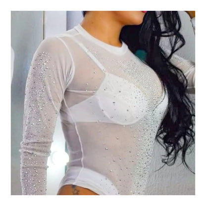 Body Tule Branco com Pedraria/Strass – Feminino, Manga Longa, Segunda Pele Transparente, Tamanho Único