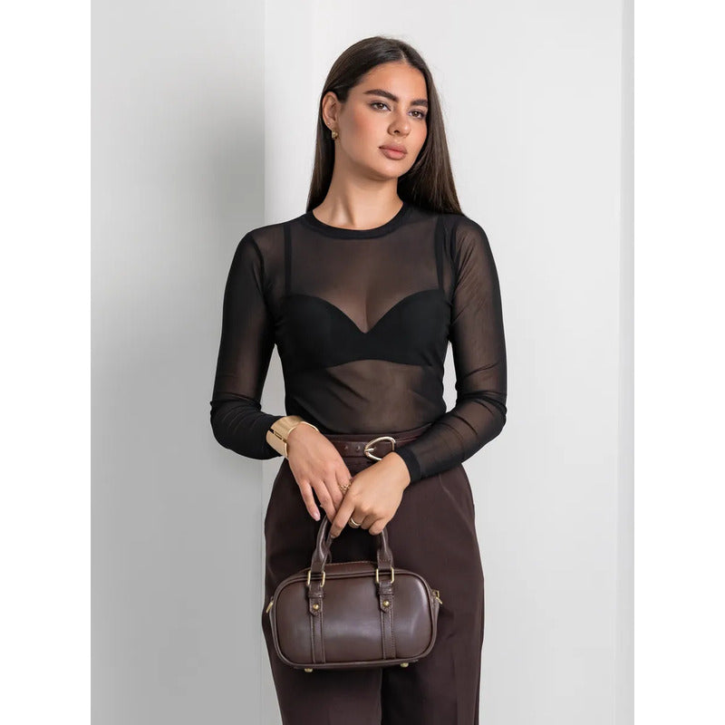 Body de Tule Liso Preto Feminino Manga Longa, Segunda Pele Transparente - Tamanho Único (veste Pao G)