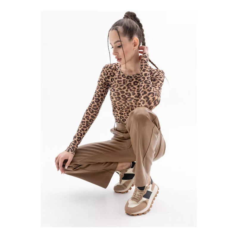 Body Tule Animal Print Feminino  Manga Longa Transparente