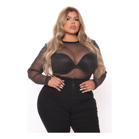 Body Tule Lurex Plus Size Feminino Manga Longa Segunda Pele Transparente Brilho - Preto