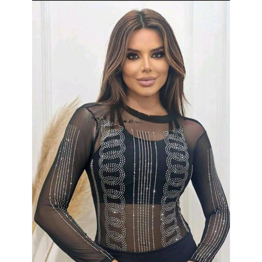 Body Tule Com Strass Redondo Transparente Segunda Pele