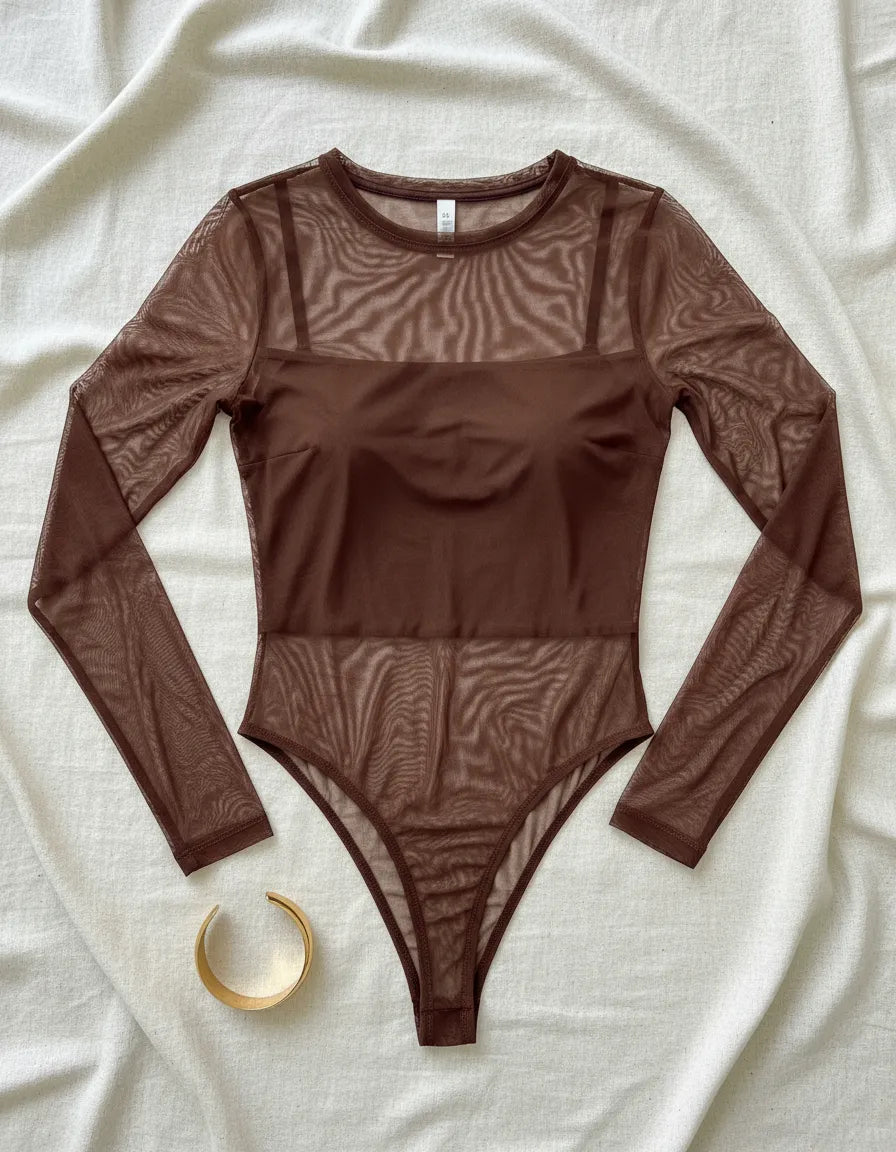Body Tule Marrom Escuro – Feminino, Manga Longa, Segunda Pele Transparente, Super Elástico – Tamanho Único (veste P–G)