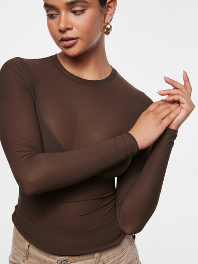 Body Tule Marrom Escuro – Feminino, Manga Longa, Segunda Pele Transparente, Super Elástico – Tamanho Único (veste P–G)