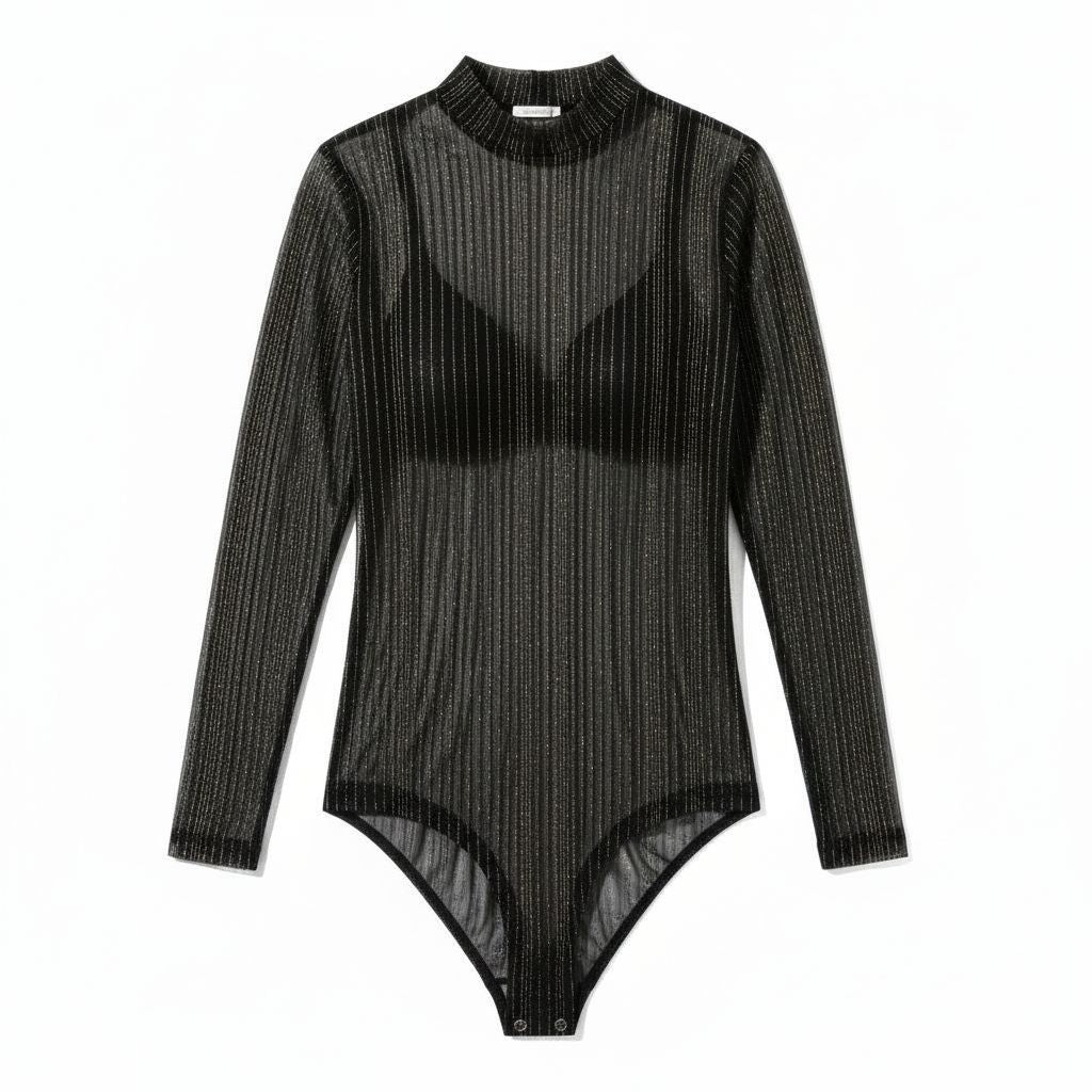 Body de Tule com Fio Lurex Listrado - Preto | Brilho Elegante, Manga Longa, Plus Size GG