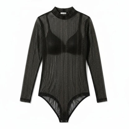 Body de Tule com Fio Lurex Listrado - Preto | Brilho Elegante, Manga Longa, Plus Size GG