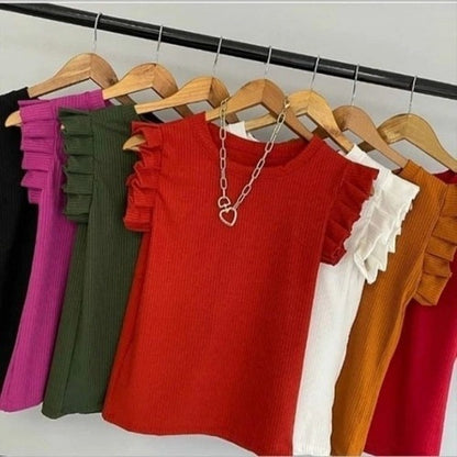 Blusa babadinho feminina malha canelada - Blusinha Manga Babado Canelada