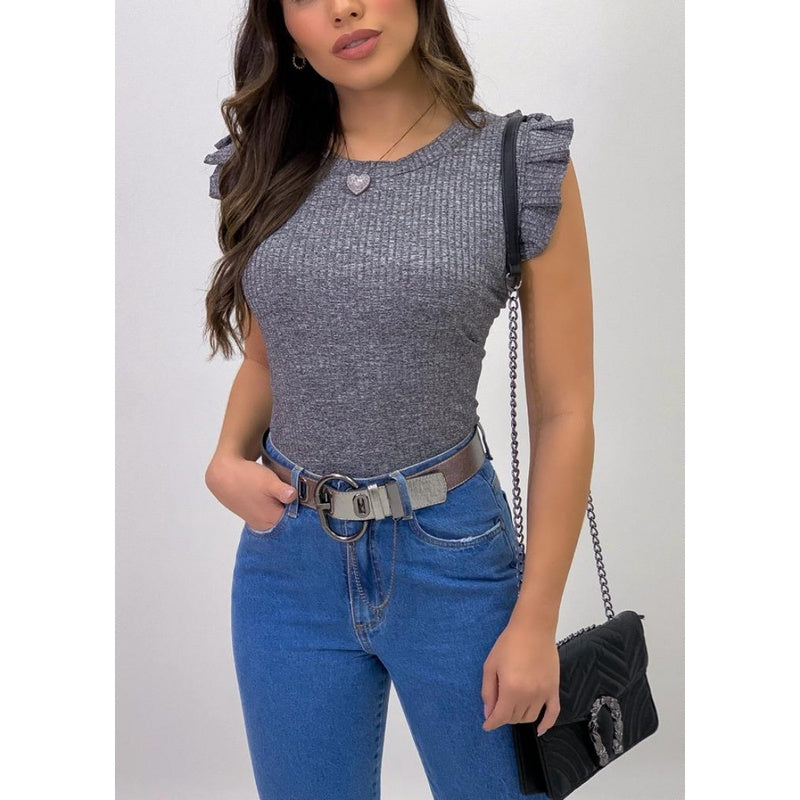 Blusa babadinho feminina malha canelada - Blusinha Manga Babado Canelada