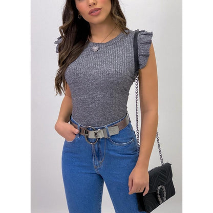 Blusa babadinho feminina malha canelada - Blusinha Manga Babado Canelada