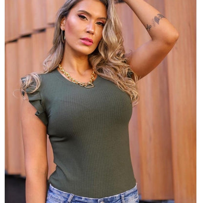 Blusa babadinho feminina malha canelada - Blusinha Manga Babado Canelada