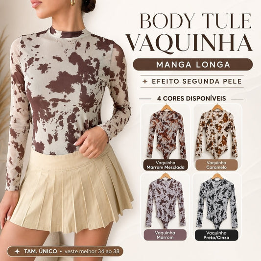 Body Tule Vaquinha Animal Print Manga Longa Transparente Segunda Pele Moda Blogueira
