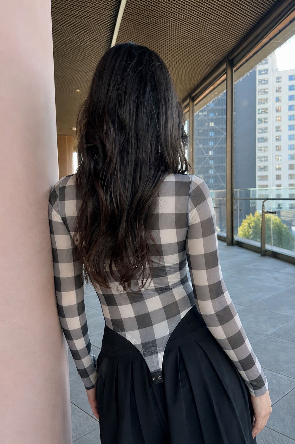 Body Feminino de Tule Xadrez Quadriculado Manga Longa Transparente Segunda Pele