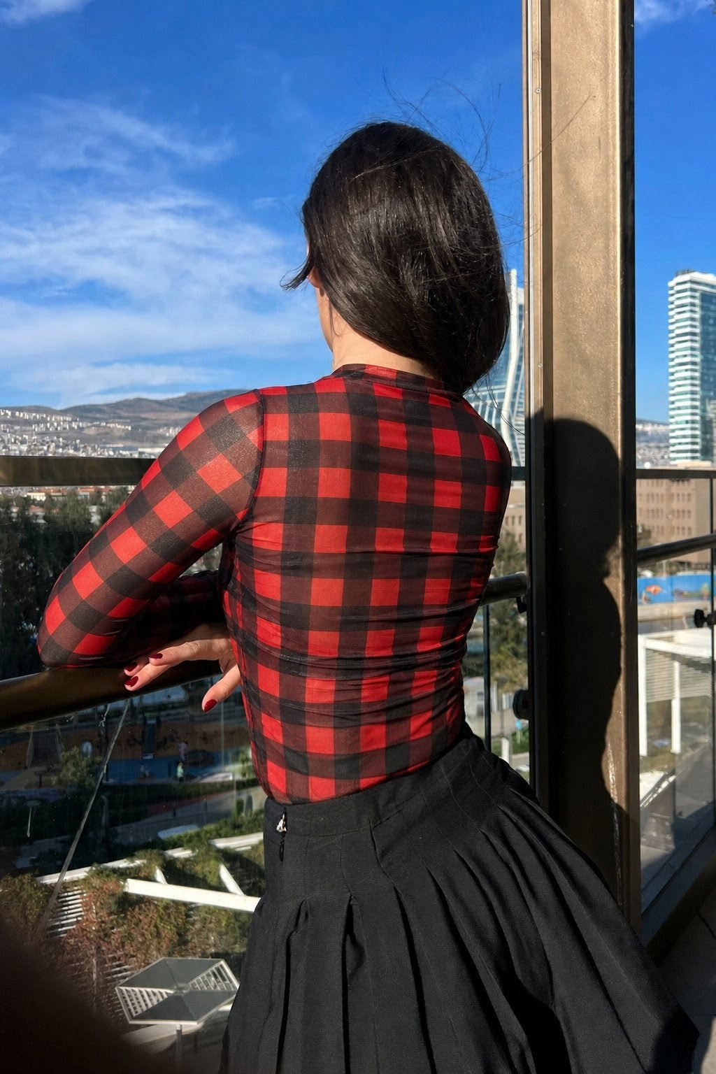 Body Feminino de Tule Xadrez Quadriculado Manga Longa Transparente Segunda Pele