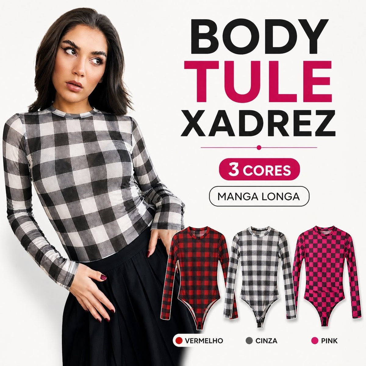 Body Feminino de Tule Xadrez Quadriculado Manga Longa Transparente Segunda Pele