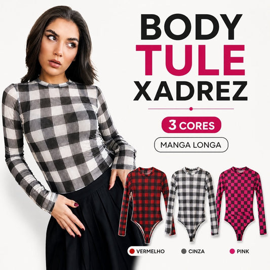 Body Feminino de Tule Xadrez Quadriculado Manga Longa Transparente Segunda Pele