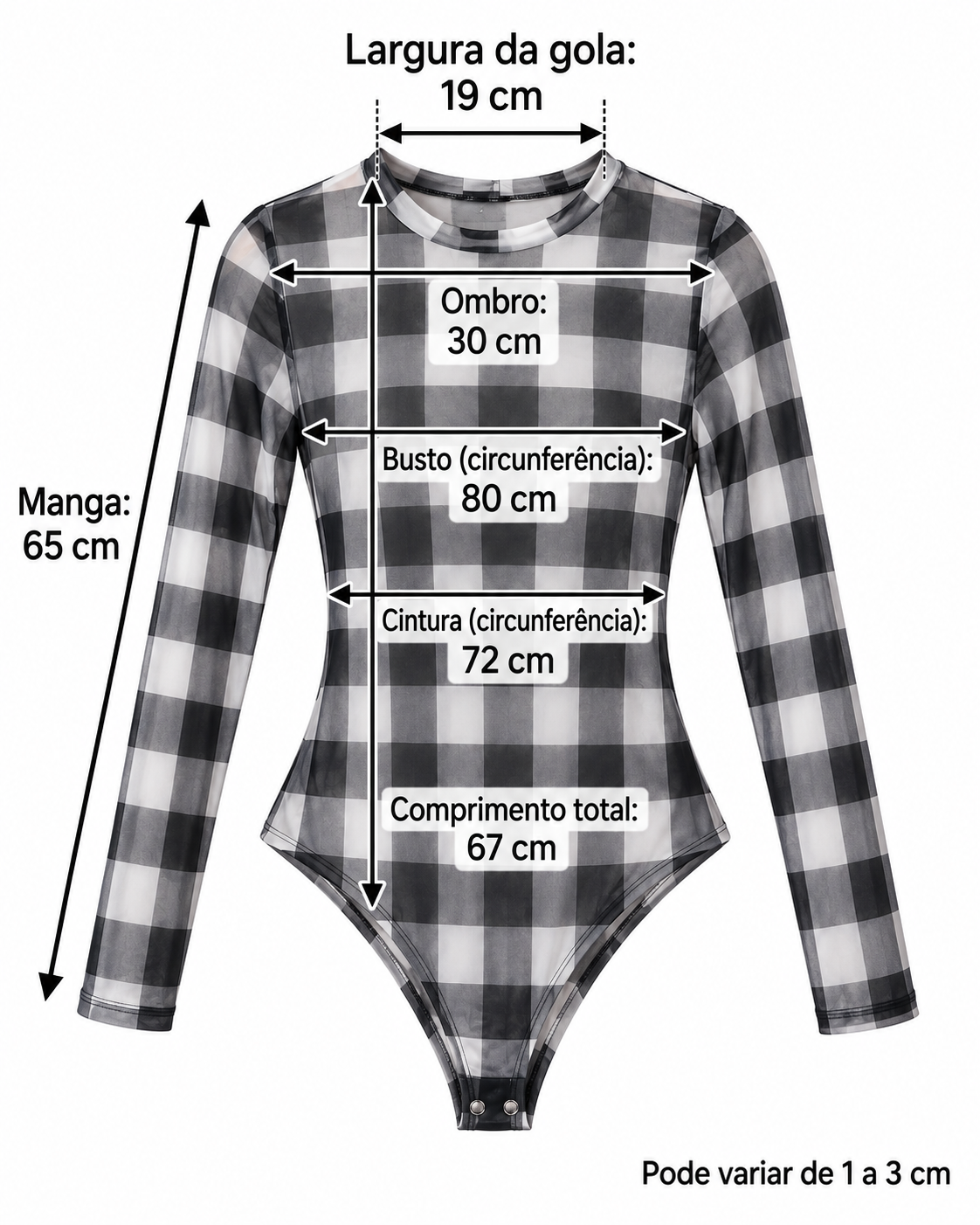 Body Feminino de Tule Xadrez Quadriculado Manga Longa Transparente Segunda Pele