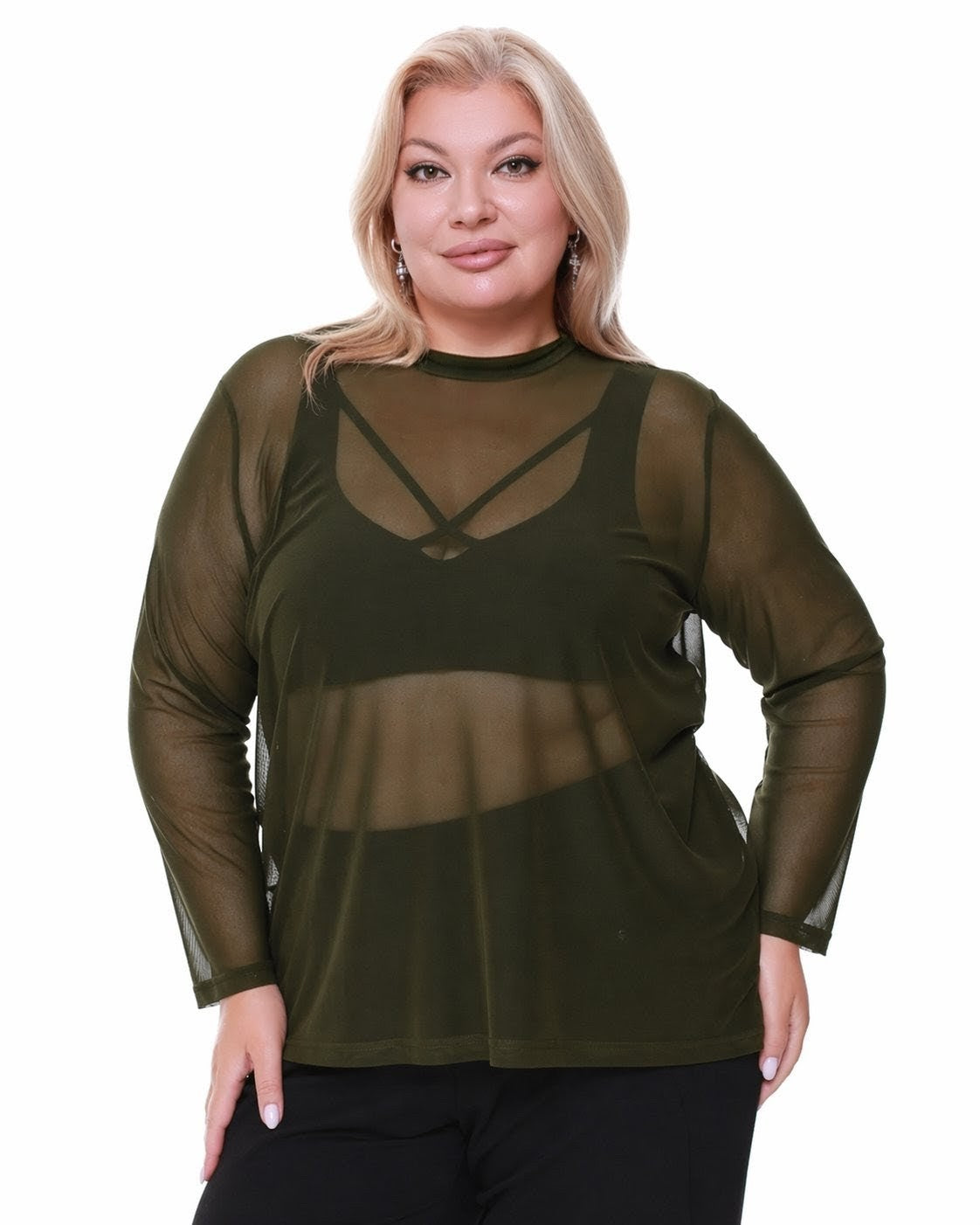 Blusa Feminina Tule Transparente Manga Longa Plus Size  Tam Único GG