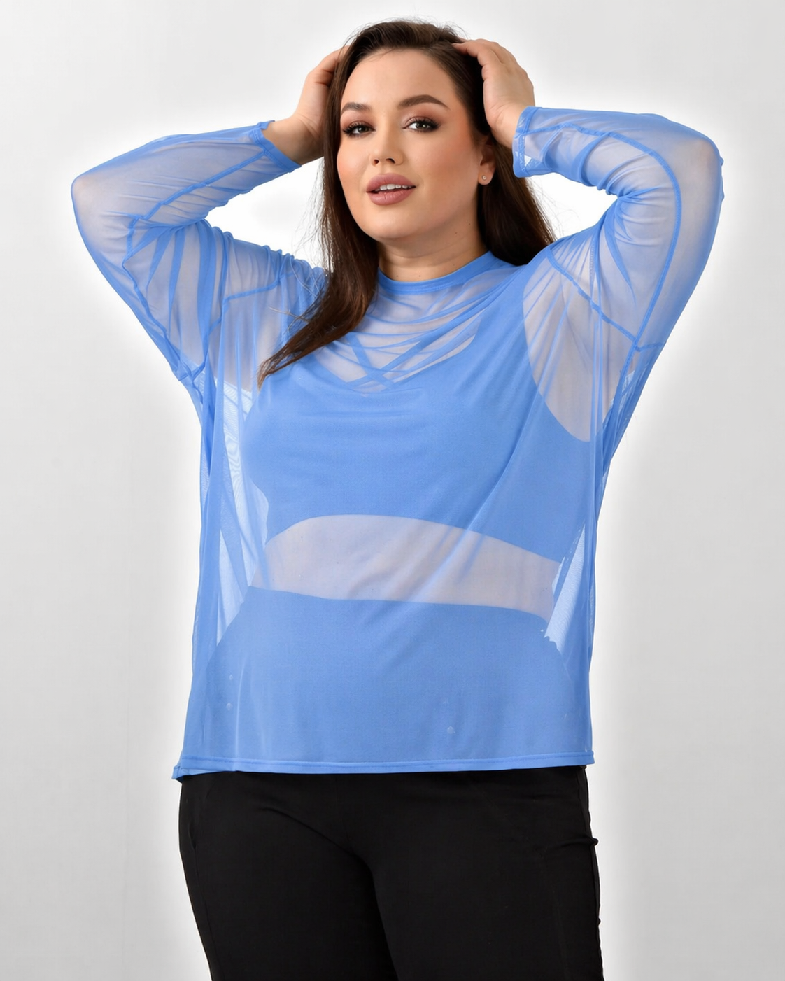 Blusa Feminina Tule Transparente Manga Longa Plus Size  Tam Único GG