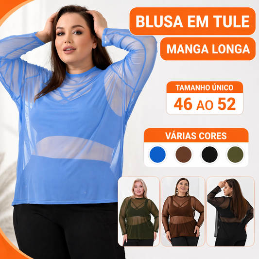 Blusa Feminina Tule Transparente Manga Longa Plus Size  Tam Único GG