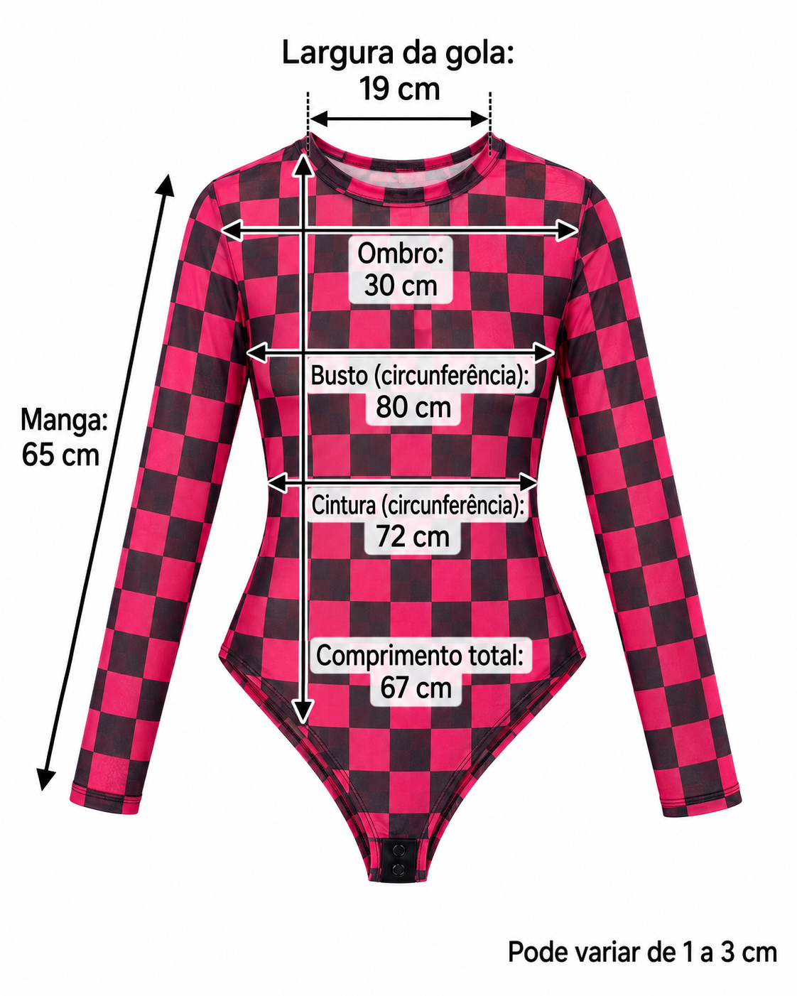 Body Feminino de Tule Xadrez Quadriculado Manga Longa Transparente Segunda Pele