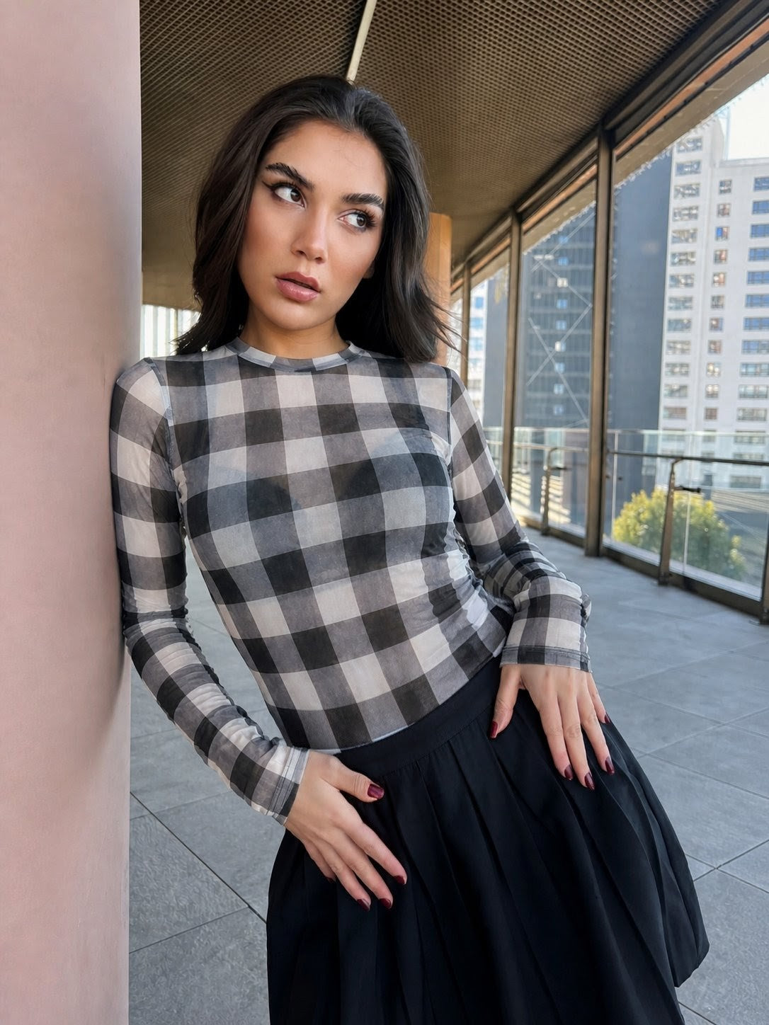 Body Feminino de Tule Xadrez Quadriculado Manga Longa Transparente Segunda Pele