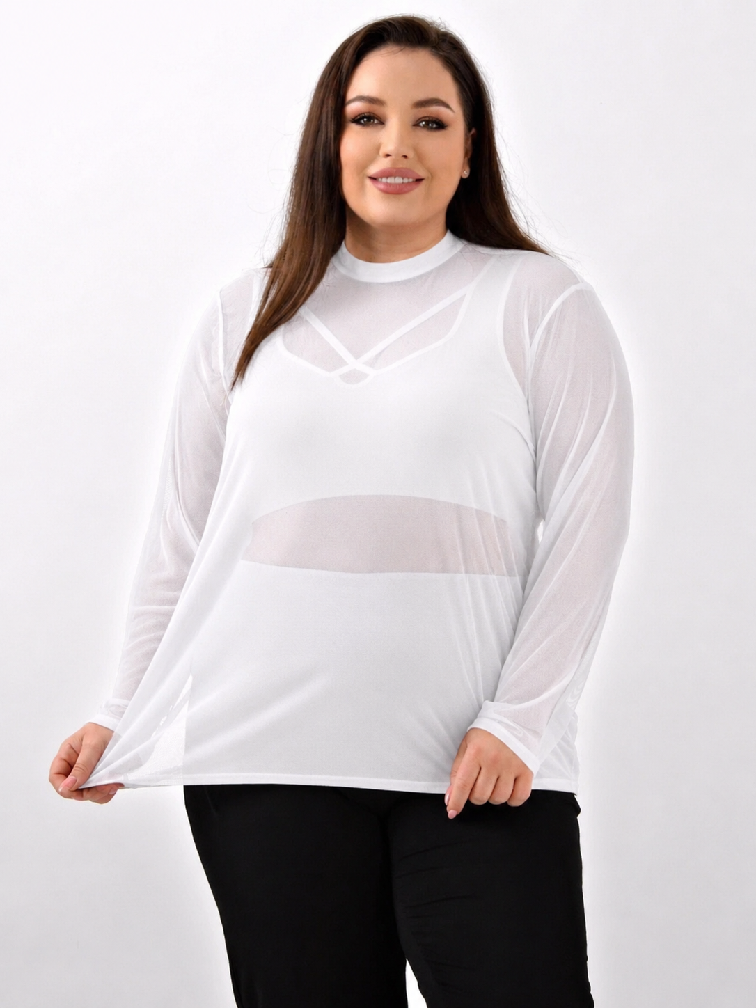 Blusa Feminina Tule Transparente Manga Longa Plus Size  Tam Único GG