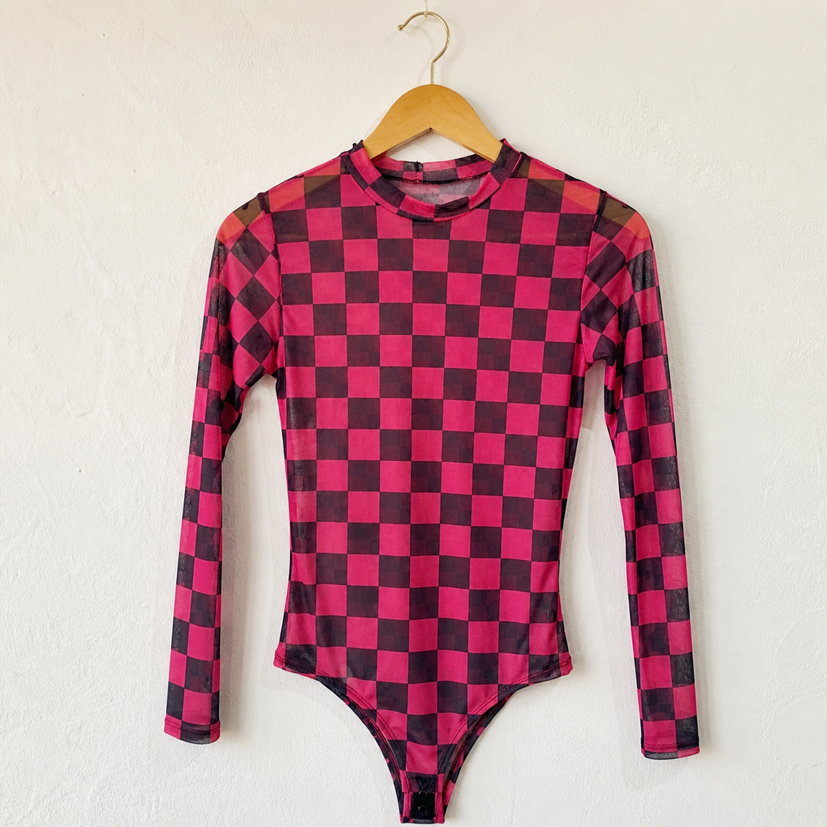 Body Feminino de Tule Xadrez Quadriculado Manga Longa Transparente Segunda Pele
