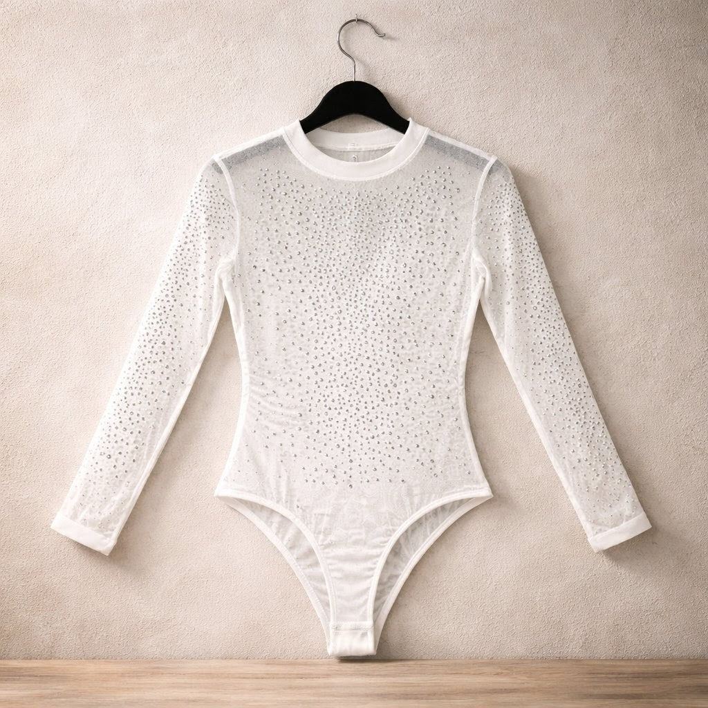 Body Tule Branco com Pedraria/Strass