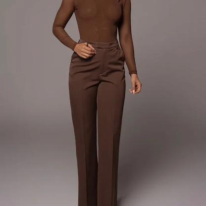 Body Tule Marrom Escuro – Feminino, Manga Longa, Segunda Pele Transparente, Super Elástico – Tamanho Único (veste P–G)