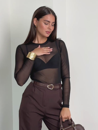 Body de Tule Liso Preto Feminino Manga Longa, Segunda Pele Transparente - Tamanho Único (veste Pao G)